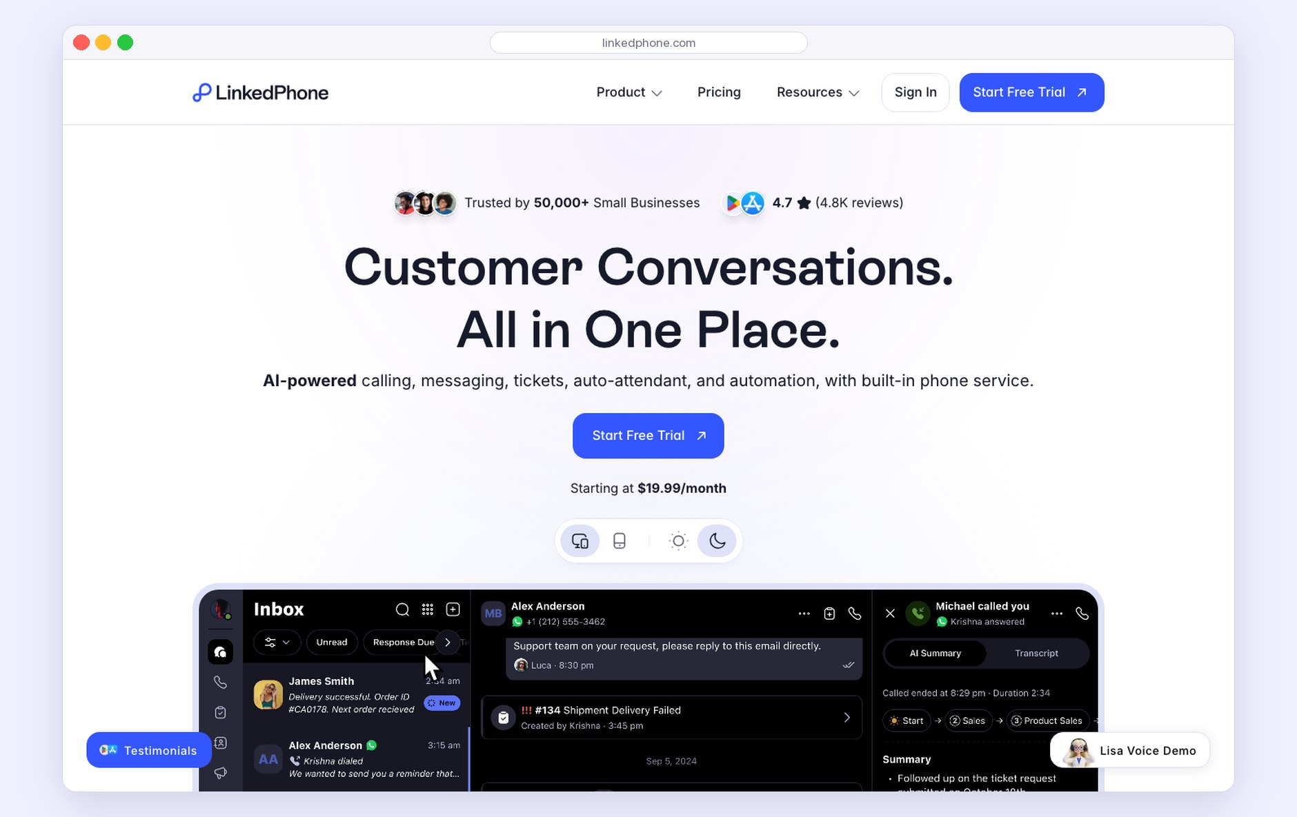 The new LinkedPhone homepage: the headline Customer Conversations. All in One Place., one Start Free Trial button, Starting at $19.99/month, the web and theme switch, and the real inbox.