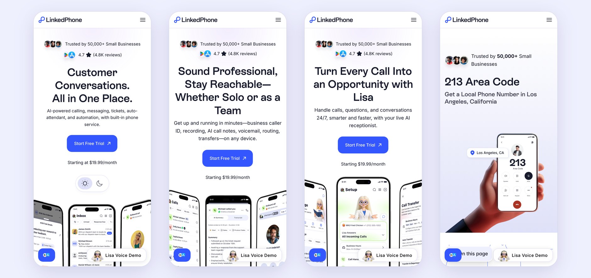 Four new pages on a phone: the homepage, the Calling module page, the AI Receptionist page with Lisa, and the 213 area code page.