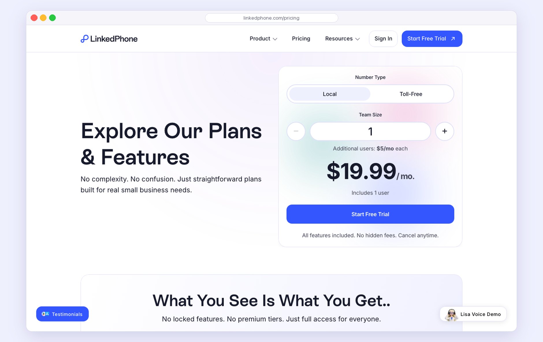 The new pricing page: Explore Our Plans and Features beside a calculator with a Local or Toll-Free switch, a team size stepper and $19.99 a month.