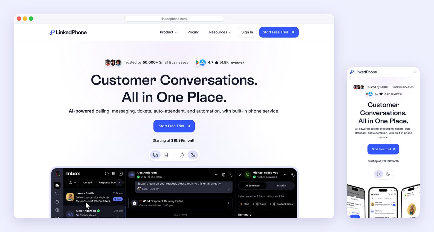 The new LinkedPhone homepage in a browser window, and the same page on a phone beside it: Customer Conversations. All in One Place., a Start Free Trial button, and the real LinkedPhone inbox.