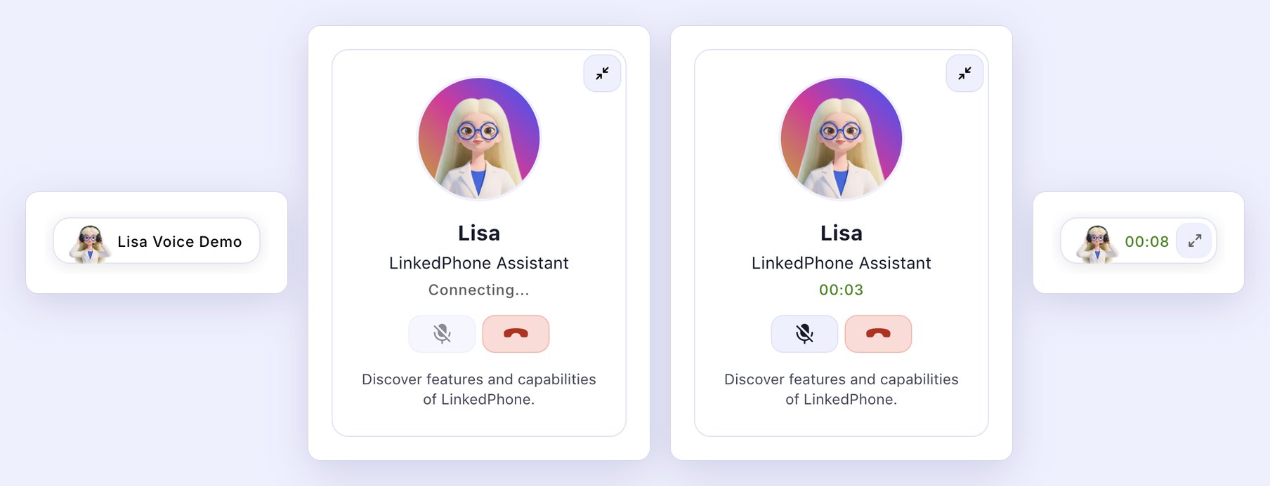 Four states of the Lisa Voice Demo widget: a small pill with Lisa's avatar reading Lisa Voice Demo; a card with Lisa's portrait, LinkedPhone Assistant, Connecting..., mute and hang-up buttons and the line Discover features and capabilities of LinkedPhone; the same card on a live call at 00:03; and the call minimised to a small pill with a running timer.