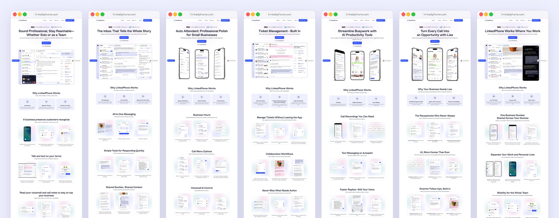 The tops of all seven module pages side by side: Calling, Messaging, Auto Attendant, Tickets, AI Productivity Tools, AI Receptionist and Mobility, each with the same hero, reasons and feature sections.