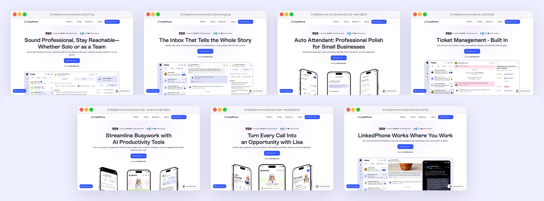 The first screen of each of the seven module pages: Calling, Messaging, Auto Attendant, Tickets, AI Productivity Tools, AI Receptionist with Lisa, and Mobility.