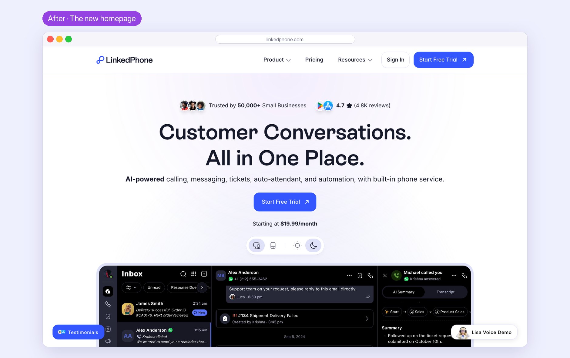 The first screen of the new LinkedPhone homepage: Customer Conversations. All in One Place., one Start Free Trial button, and the real LinkedPhone inbox.