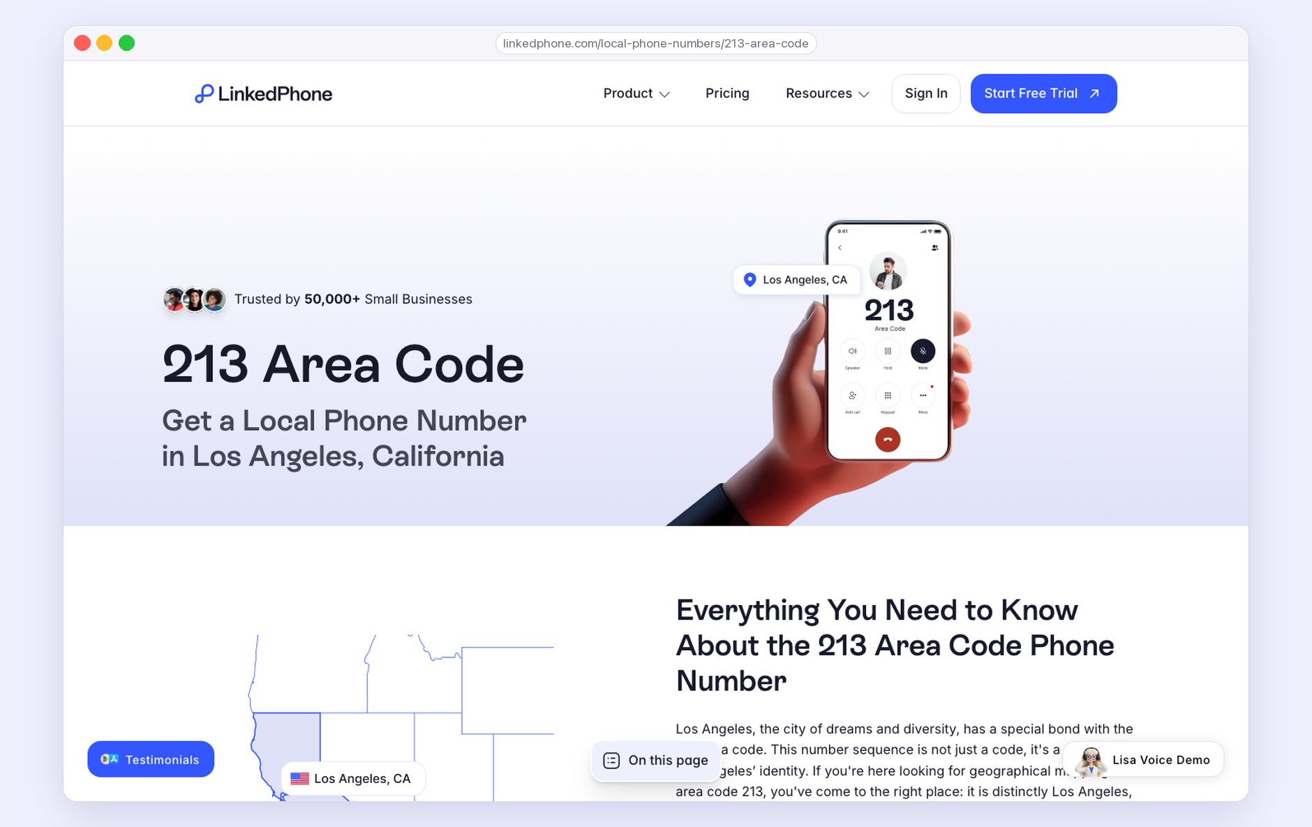 The 213 Area Code page for Los Angeles, California, with a map.