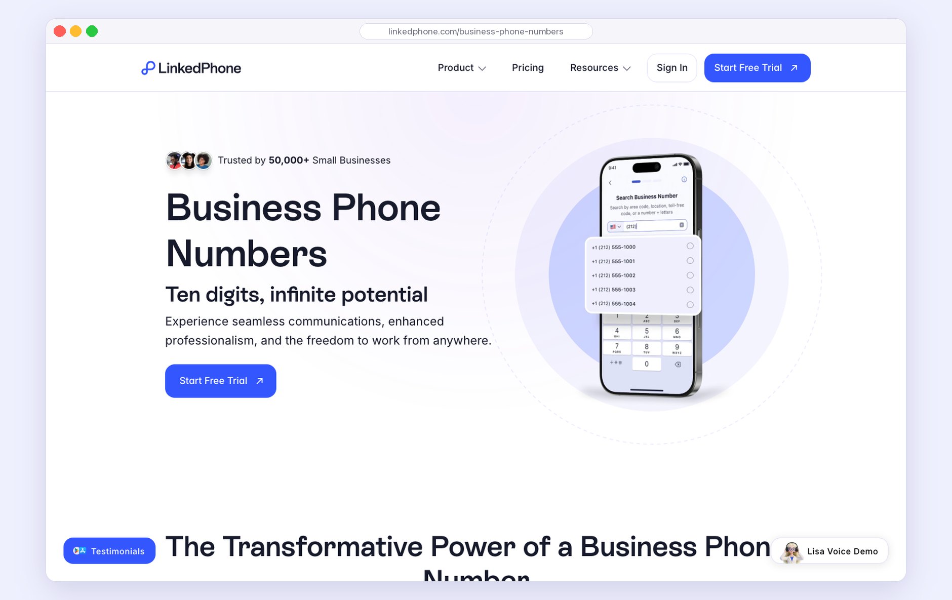 The Business Phone Numbers page: Get a business phone number in seconds.
