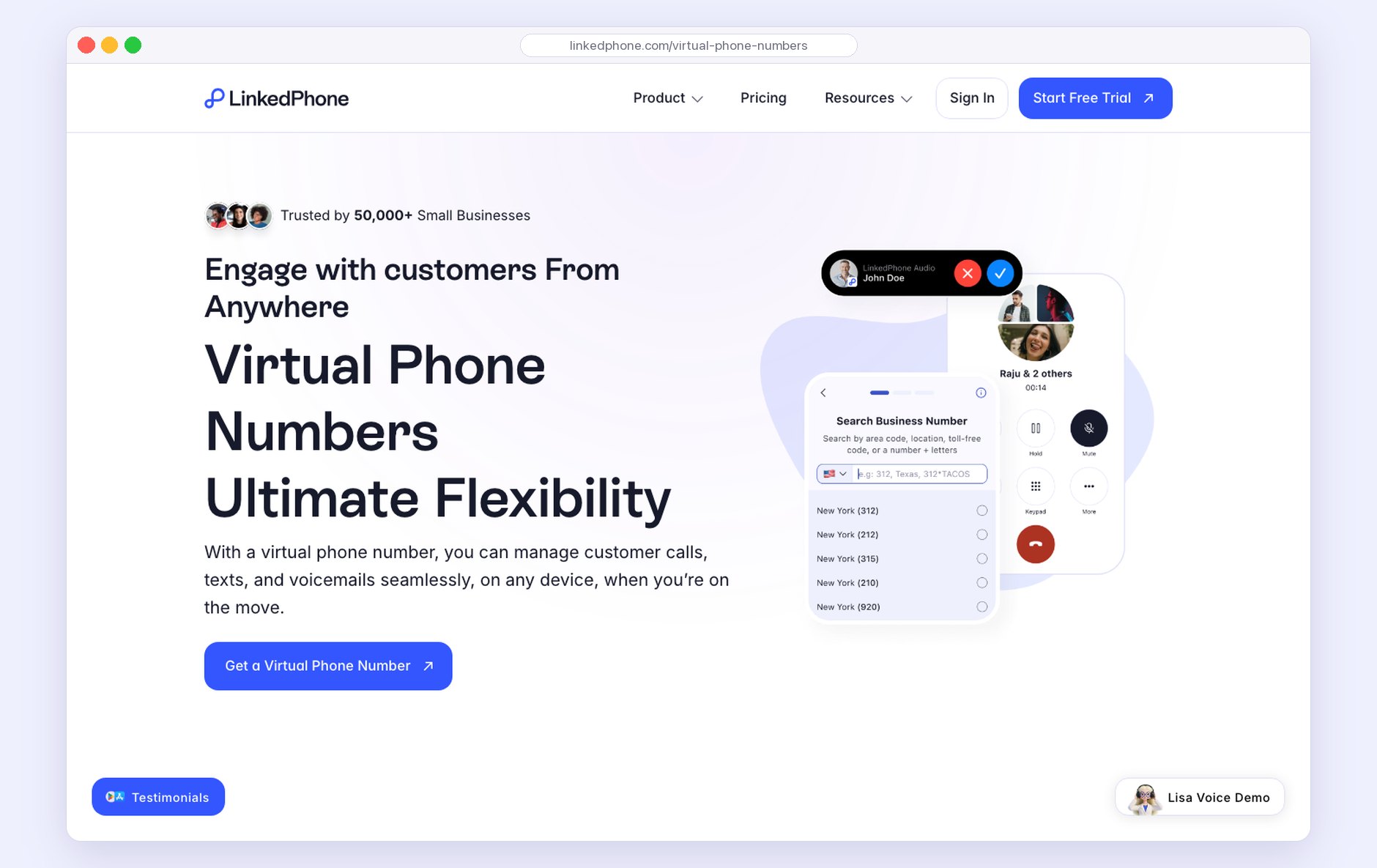 The Virtual Phone Numbers page: Virtual Phone Numbers, Ultimate Flexibility.