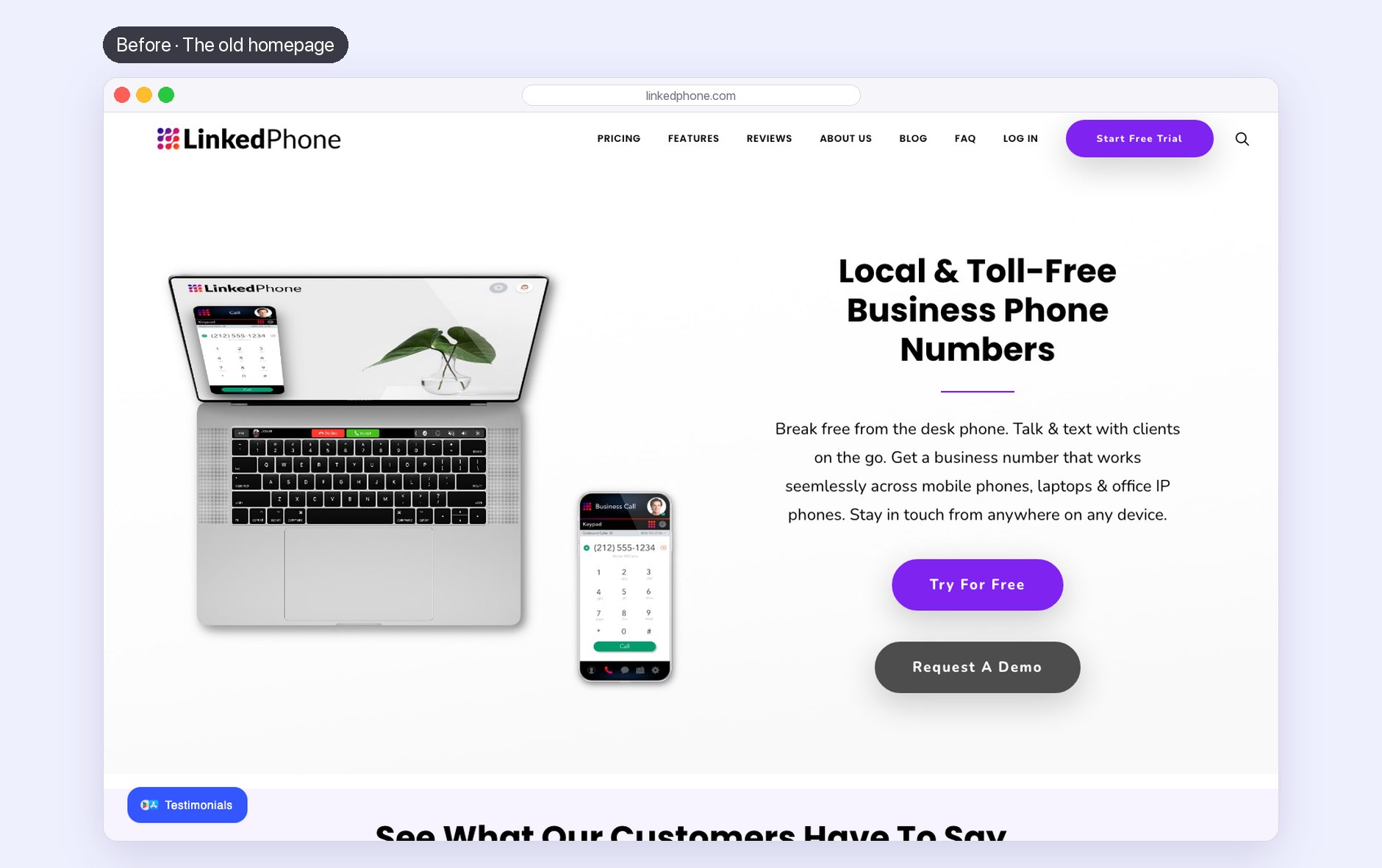 The first screen of the old LinkedPhone homepage: a laptop and a phone mockup with a houseplant beside the headline Local and Toll-Free Business Phone Numbers, with Try For Free and Request A Demo buttons.