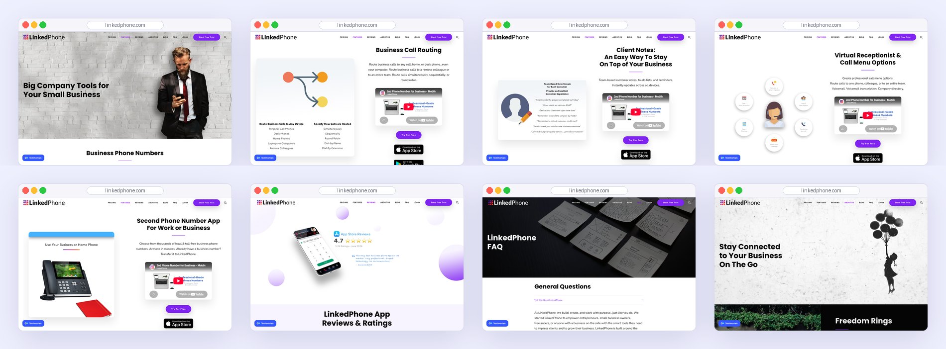 The first screens of eight old pages: Features with a stock photo of a man on a phone, Call Routing, Client Notes CRM, Virtual Receptionist and Call Menu Options, the Second Phone Number app page, Reviews and Ratings, FAQ, and About Us.