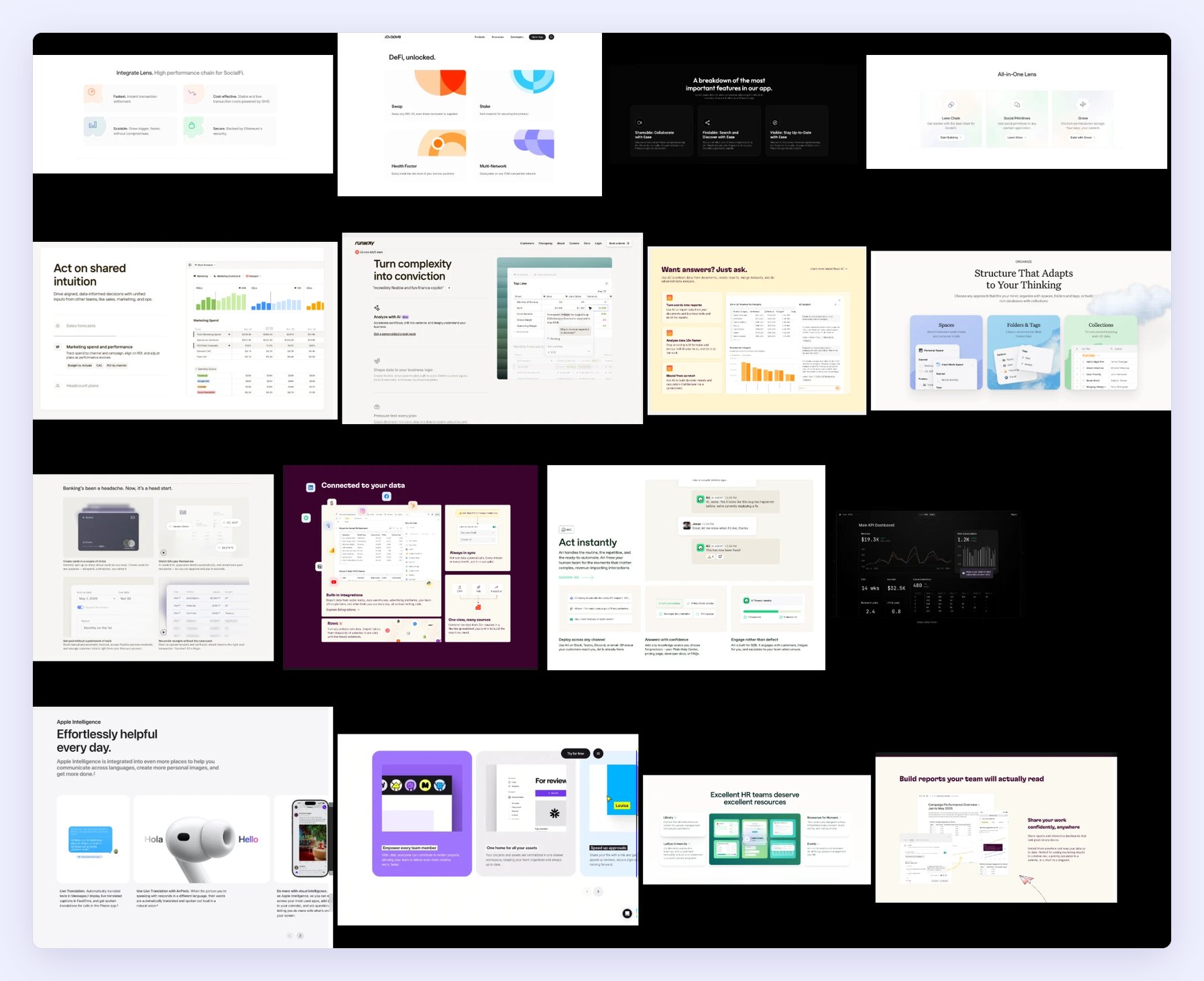 A board of product sections from other companies' websites: feature cards, dashboards, integration cards, an AI answers panel, a support agent conversation and report builders.