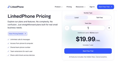 LinkedPhone Pricing on the homepage.